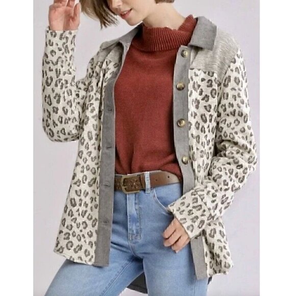 UMGEE Cream Ivory Gray Colorblock Leopard Animal Oversized Shacket Shirt Jacket - Picture 3 of 15